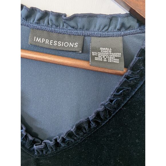 Impressions Y2K Whimsigoth Velvet Blue Jewel Tone Ruffle Trim V Neck Top Size S‎ - Picture 5 of 8